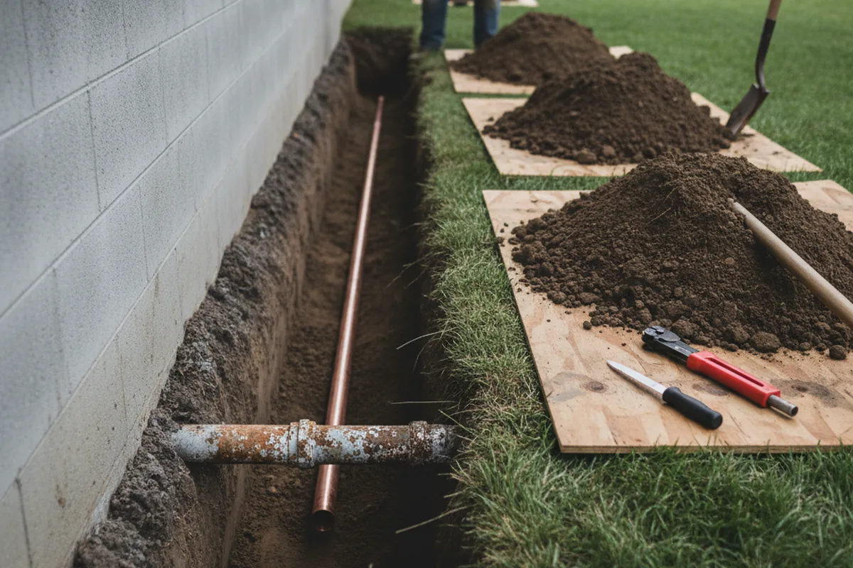 Excavated water line trench during Water Heater Repair in Meade